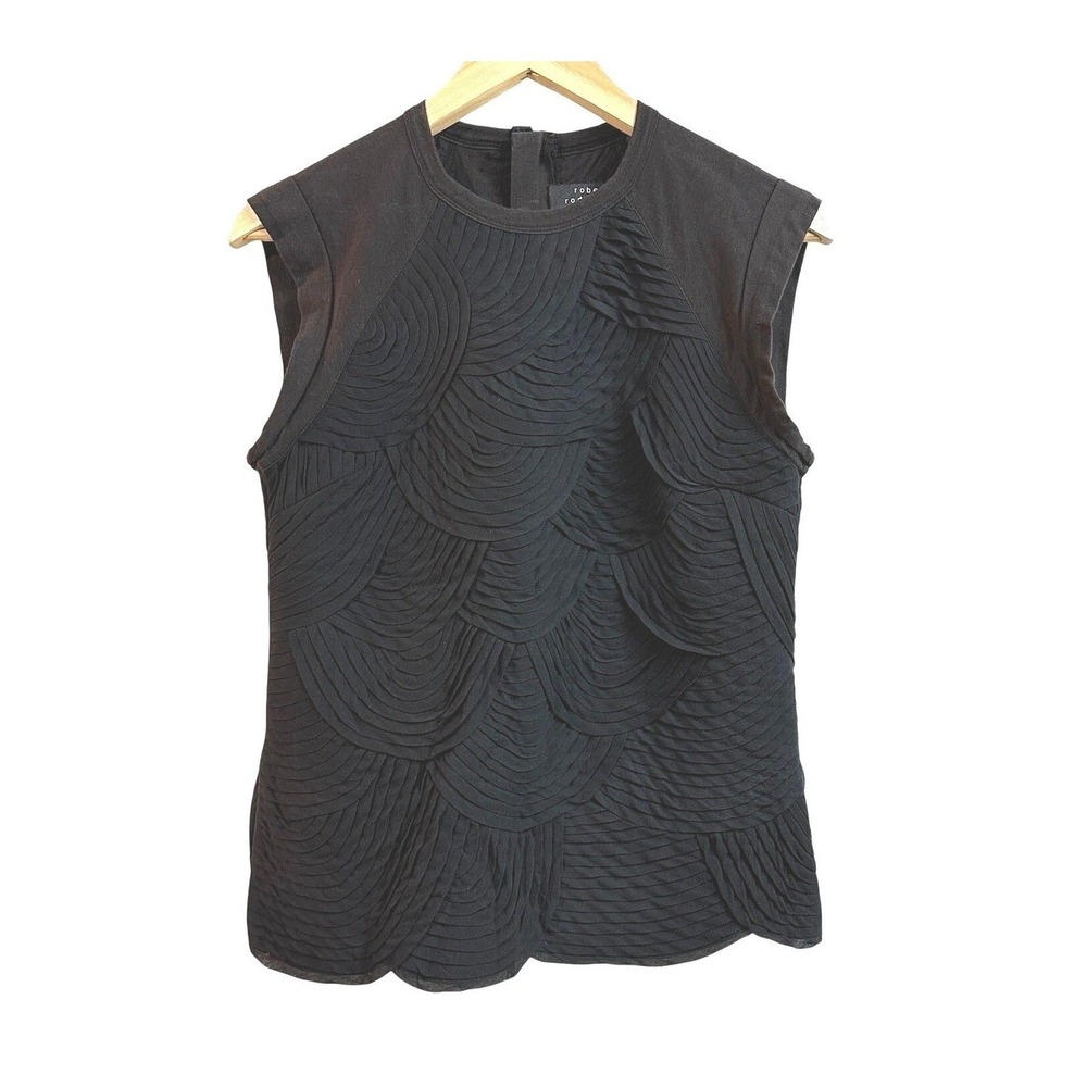 Robert Rodriguez Silk Textured Scalloped Black‎ Top Cap Sleeve Blouse Womens 6